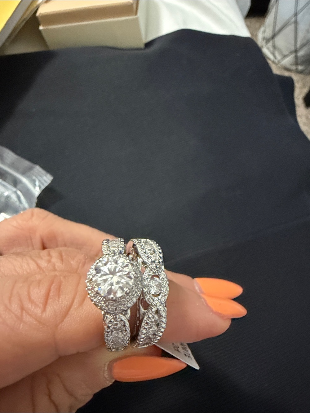 Diamond Halo Engagement Ring Set - White Gold Look